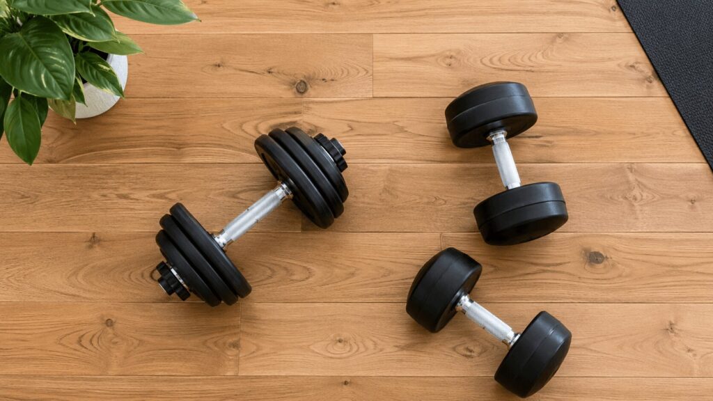 可変式ダンベルと固定式ダンベルを並べて比較している俯瞰ショット