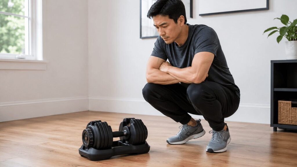 可変式ダンベルのメリットとデメリットを天秤にかけるイメージ