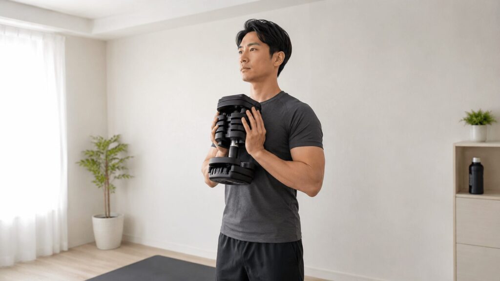 可変式ダンベルを胸の前で抱えてゴブレットスクワットを行う男性のイメージ