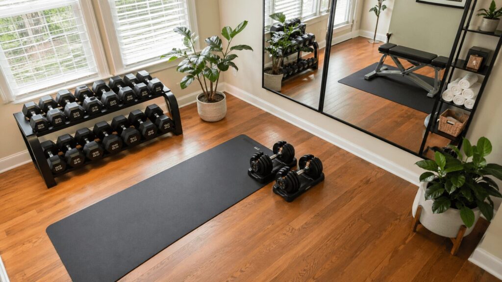 各種ダンベルが床に並べられた自宅トレーニングスペースの俯瞰ショット