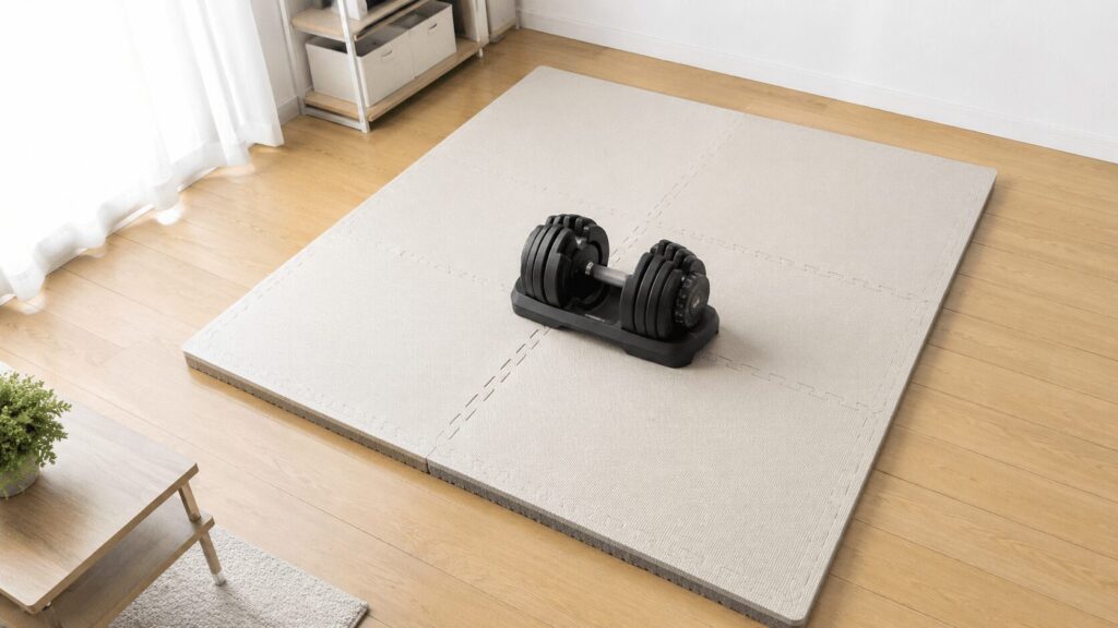 床にトレーニングマットを敷いて可変式ダンベルを置いた賃貸の部屋のイメージ