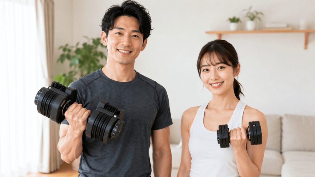 男女の初心者がそれぞれ適した重量の可変式ダンベルを手に取るイメージ