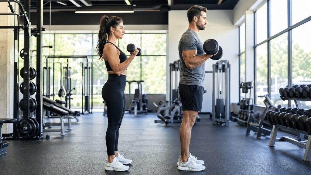 男性と女性がそれぞれダンベルを持ってトレーニングしているジムの様子