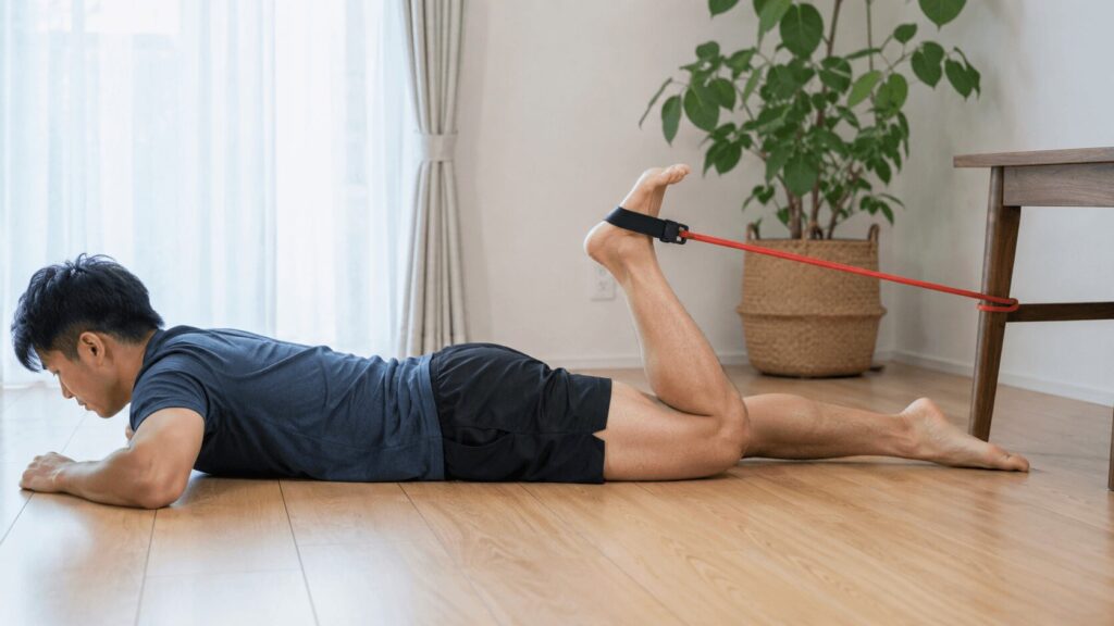 自宅でトレーニングチューブを使ってハムストリングスを鍛える男性