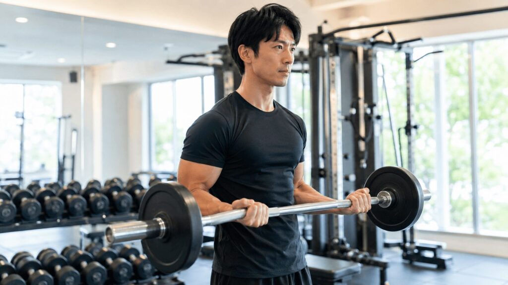 週3で筋トレを分割するイメージ。男性が明るいジムでバーベルトレーニングをしている