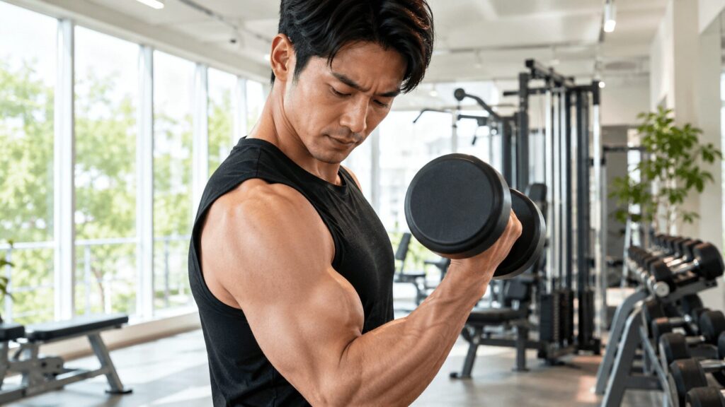 鍛えている上腕二頭筋に意識を集中させながらダンベルカールを行う男性