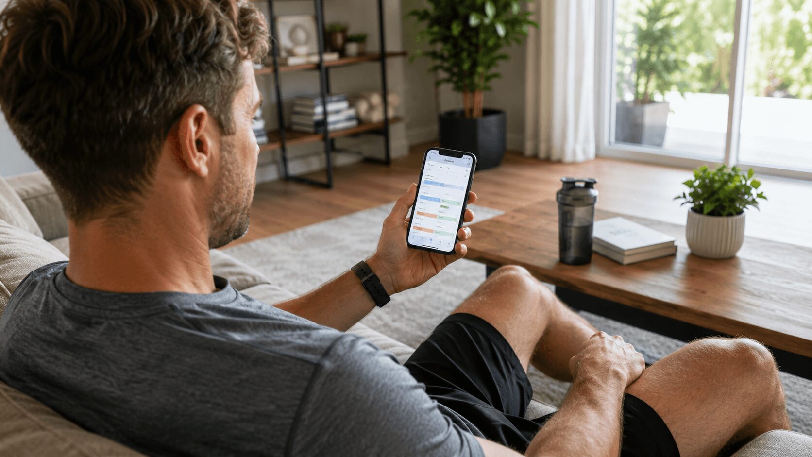 自宅でスマホを見ながら腹筋トレの頻度を計画する30代男性のイメージ