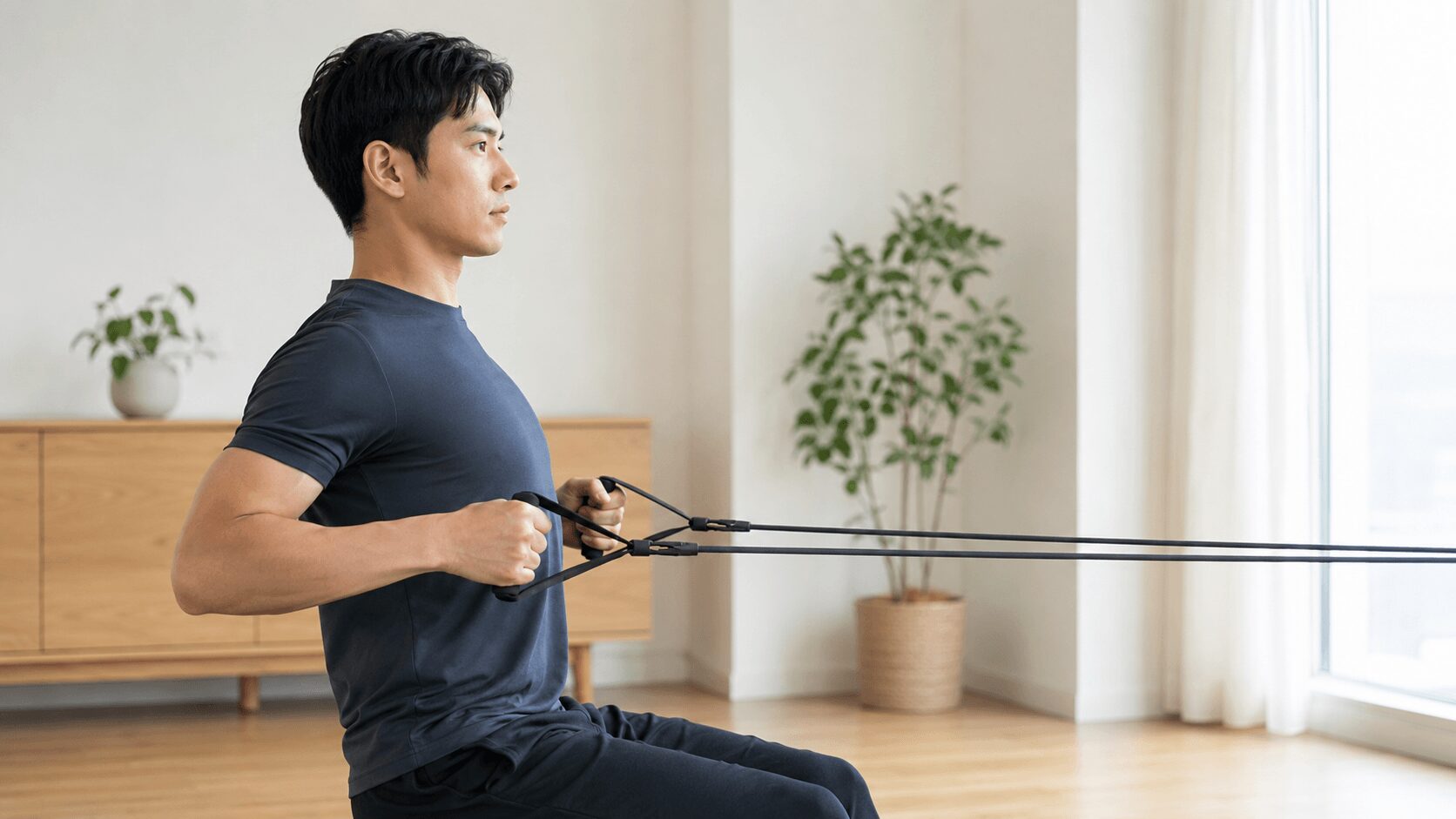 自宅でトレーニングチューブを使い背中を鍛える男性のイメージ