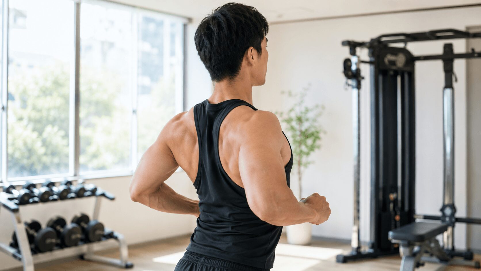 背中トレで肩甲骨を寄せる動きを確認する男性のイメージ