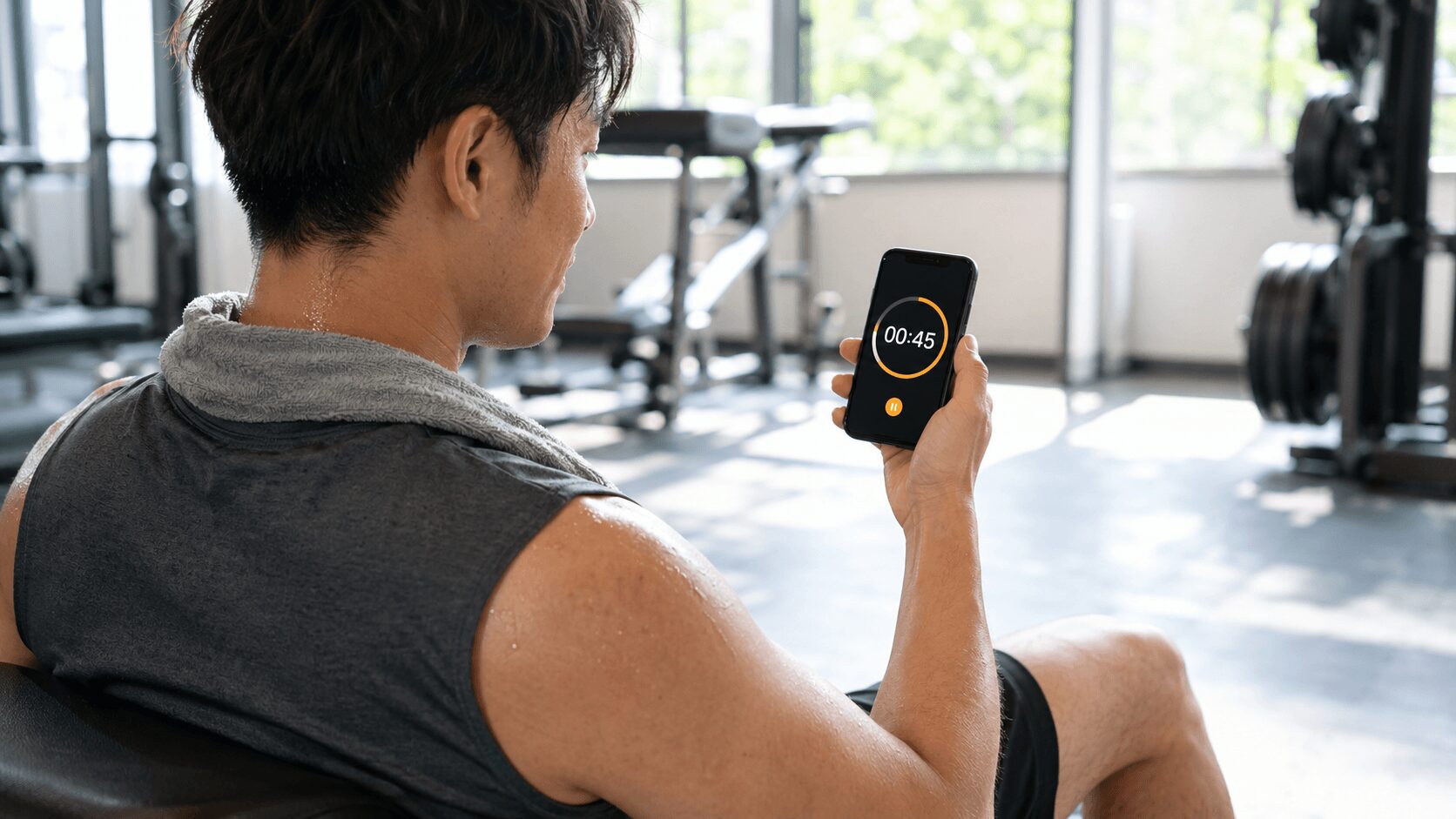 背中トレの合間にスマホのタイマーで休憩時間を計る男性のイメージ