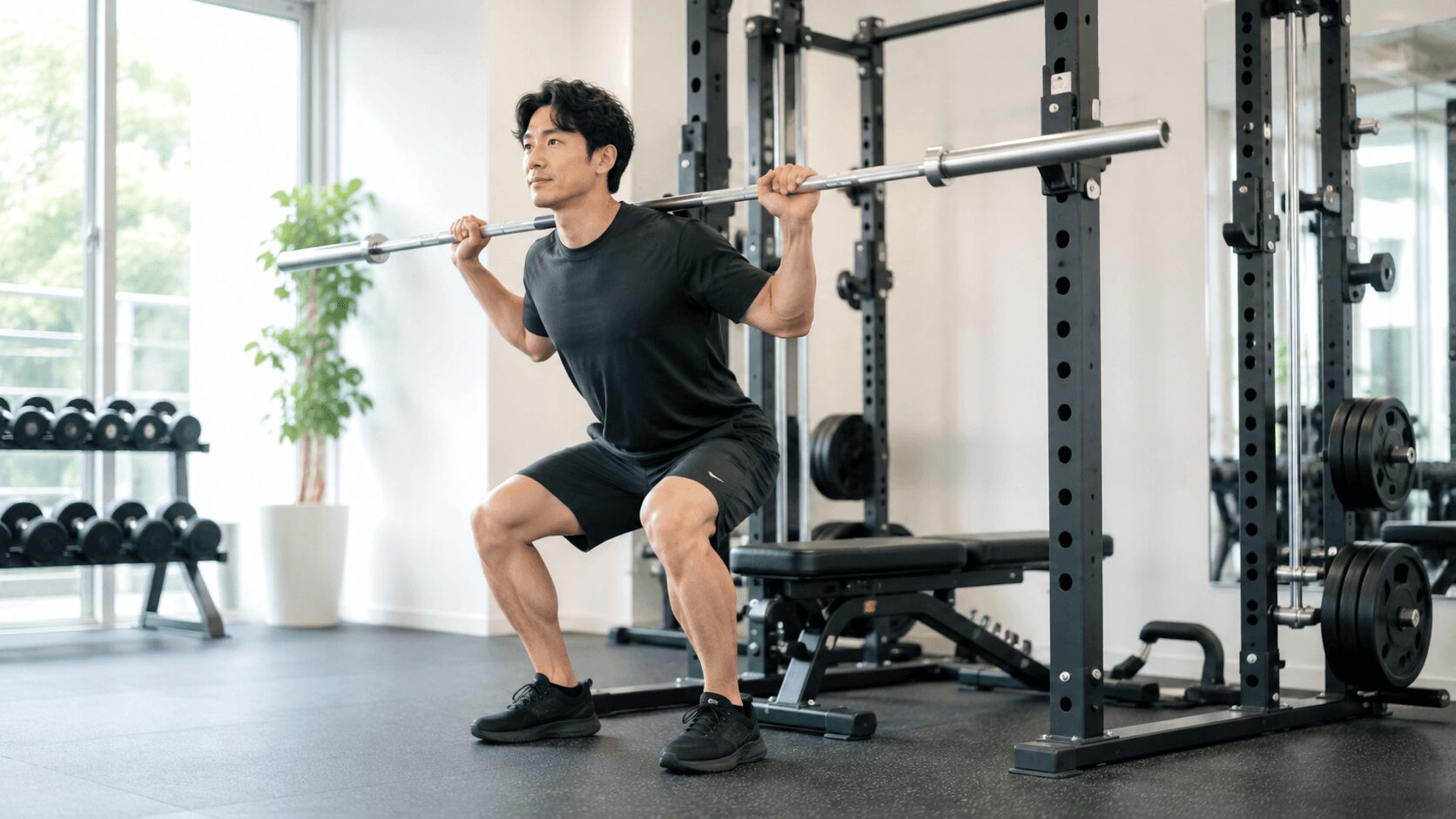 軽い重量でウォームアップをするトレーニング初心者男性