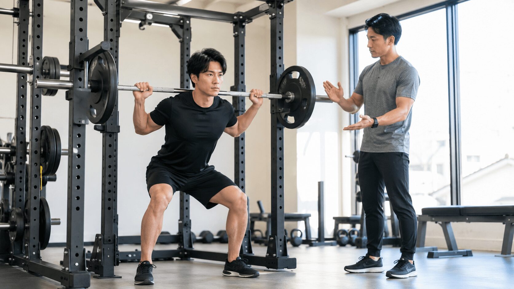 ジムでトレーナーにBIG3のフォームを見てもらう初心者男性