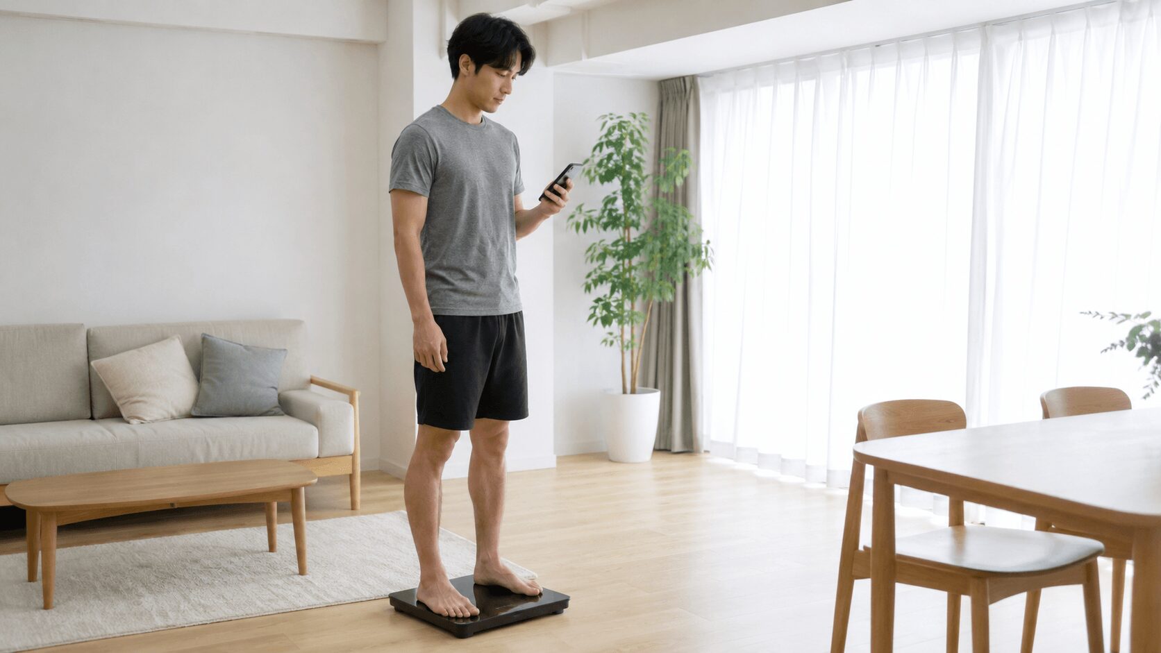 リビングで体組成計に乗りスマホアプリで記録する男性