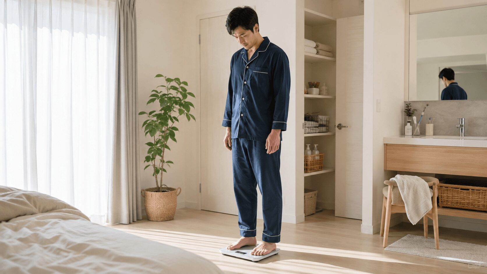 朝起きてすぐ体組成計で体脂肪率を測る習慣のイメージ