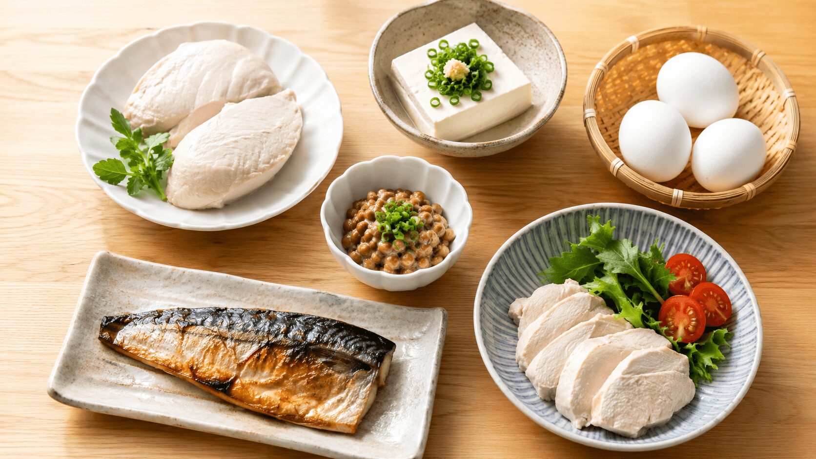 鶏むね肉や卵などたんぱく質が豊富な食材を並べた俯瞰イメージ