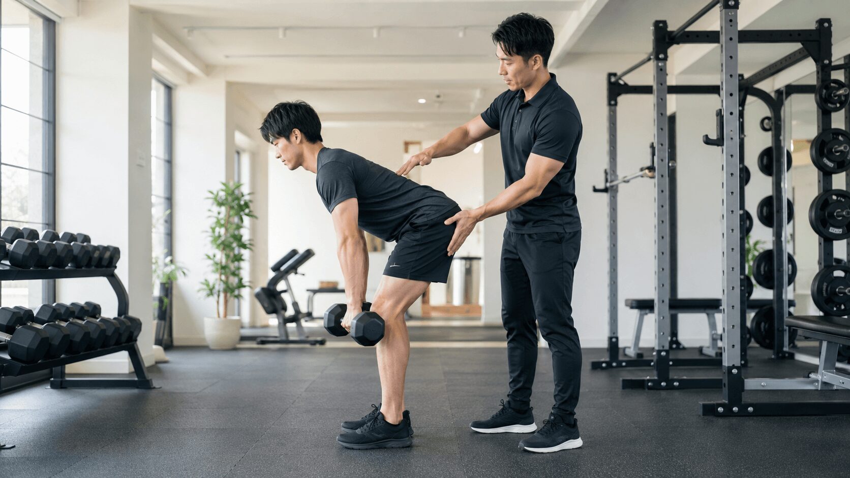 パーソナルジムでトレーナーの指導を受けながらRDLのフォームを確認する男性