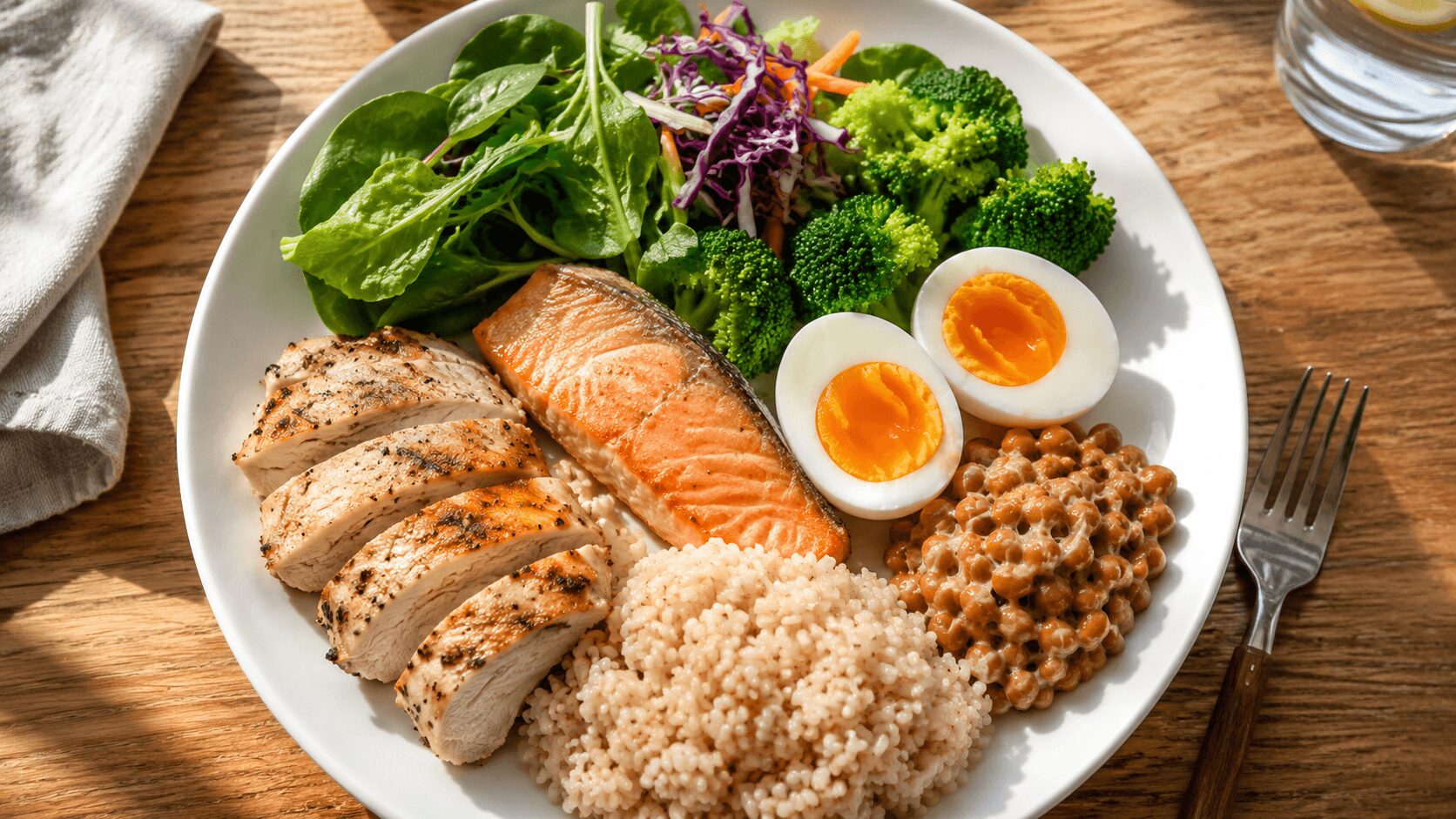 16時間断食中に筋肉を落とさないための高たんぱくな食事の俯瞰イメージ