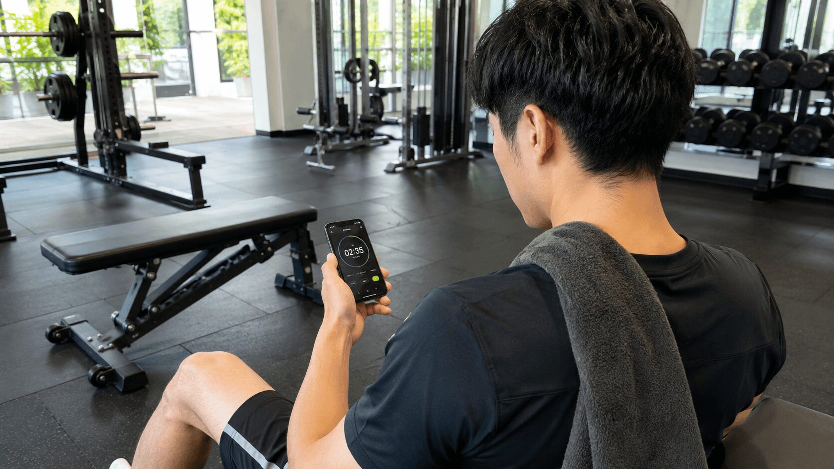 16時間断食と筋トレを両立する1日のスケジュールをスマホで確認する男性