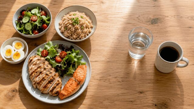 16時間断食の食事枠で食べる高たんぱく食と断食中の水分のイメージ