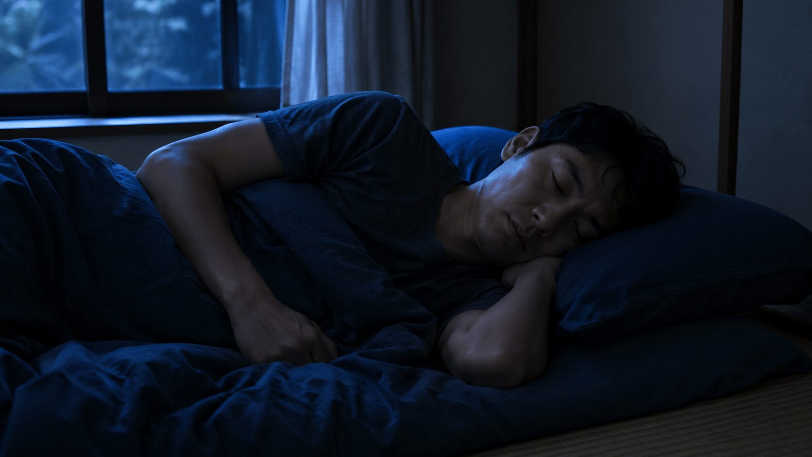 静かな寝室でぐっすりと眠っている男性のシルエット写真。睡眠中に成長ホルモンが分泌されるイメージ