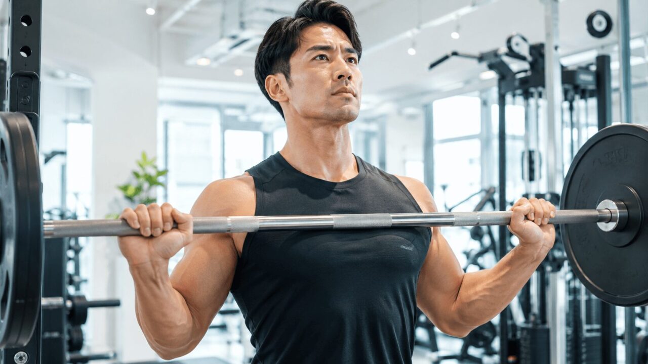 筋トレ中の正しい呼吸法｜バーを握り深呼吸する30代男性の写真