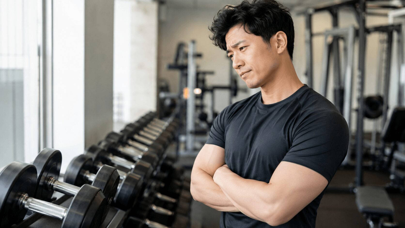 同じ重量のダンベルを見つめながら悩んでいる男性。筋トレの停滞を表すシーン