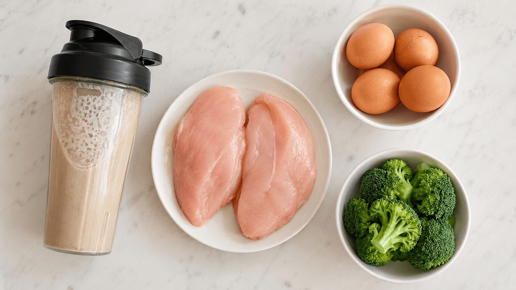 プロテインシェイカー・鶏むね肉・卵・ブロッコリーが明るいテーブルに並んだ食事。筋肥大のための栄養補給イメージ