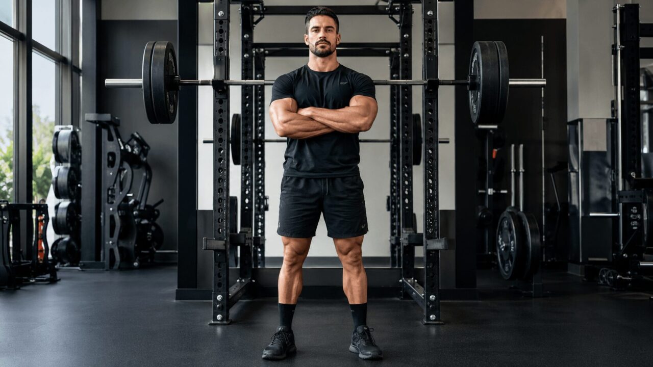 ジムでバーベルの前に立ち自信満々に腕を組む30代男性。プログレッシブオーバーロードで筋力アップを実現したイメージ