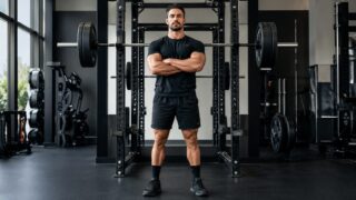 ジムでバーベルの前に立ち自信満々に腕を組む30代男性。プログレッシブオーバーロードで筋力アップを実現したイメージ