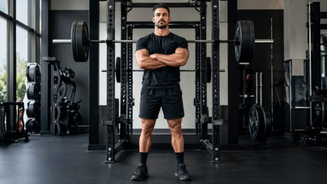 ジムでバーベルの前に立ち自信満々に腕を組む30代男性。プログレッシブオーバーロードで筋力アップを実現したイメージ