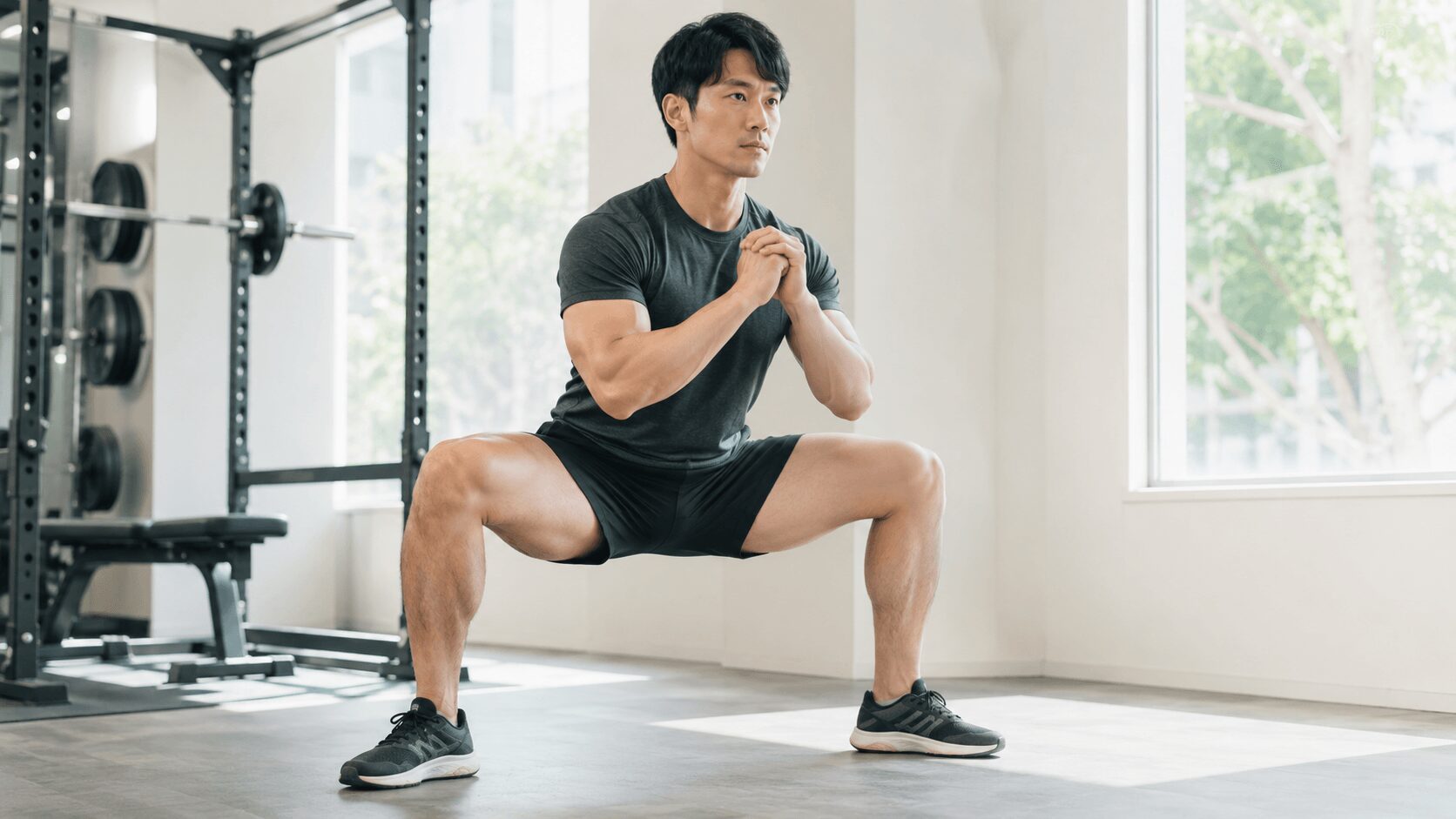 足を大きく開いてワイドスクワットを行う男性の正面からの様子