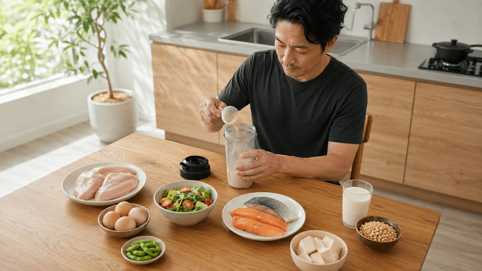 高タンパクな食事とプロテインシェイカーを用意する40代男性
