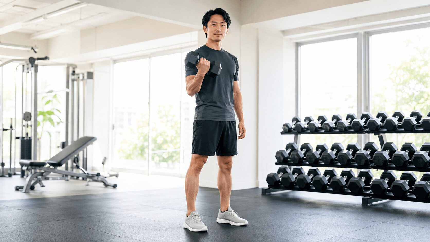 ジムでトレーニングシューズを履いてダンベルを持つ初心者男性