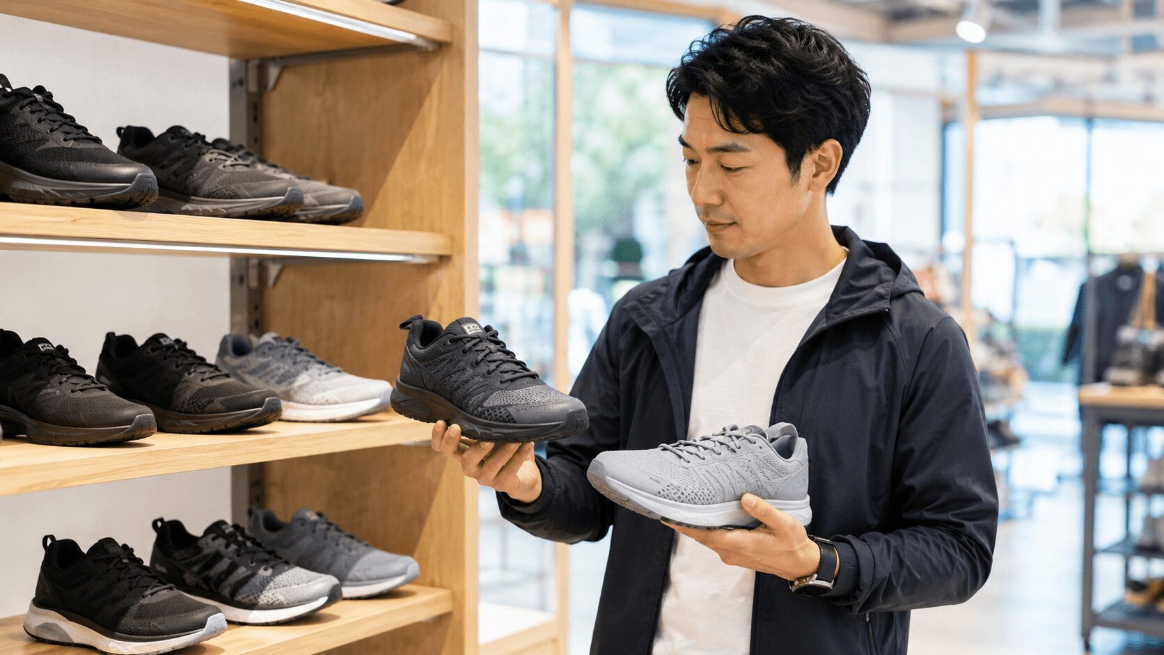 トレーニングシューズを選ぶ初心者が複数の靴を見比べているイメージ