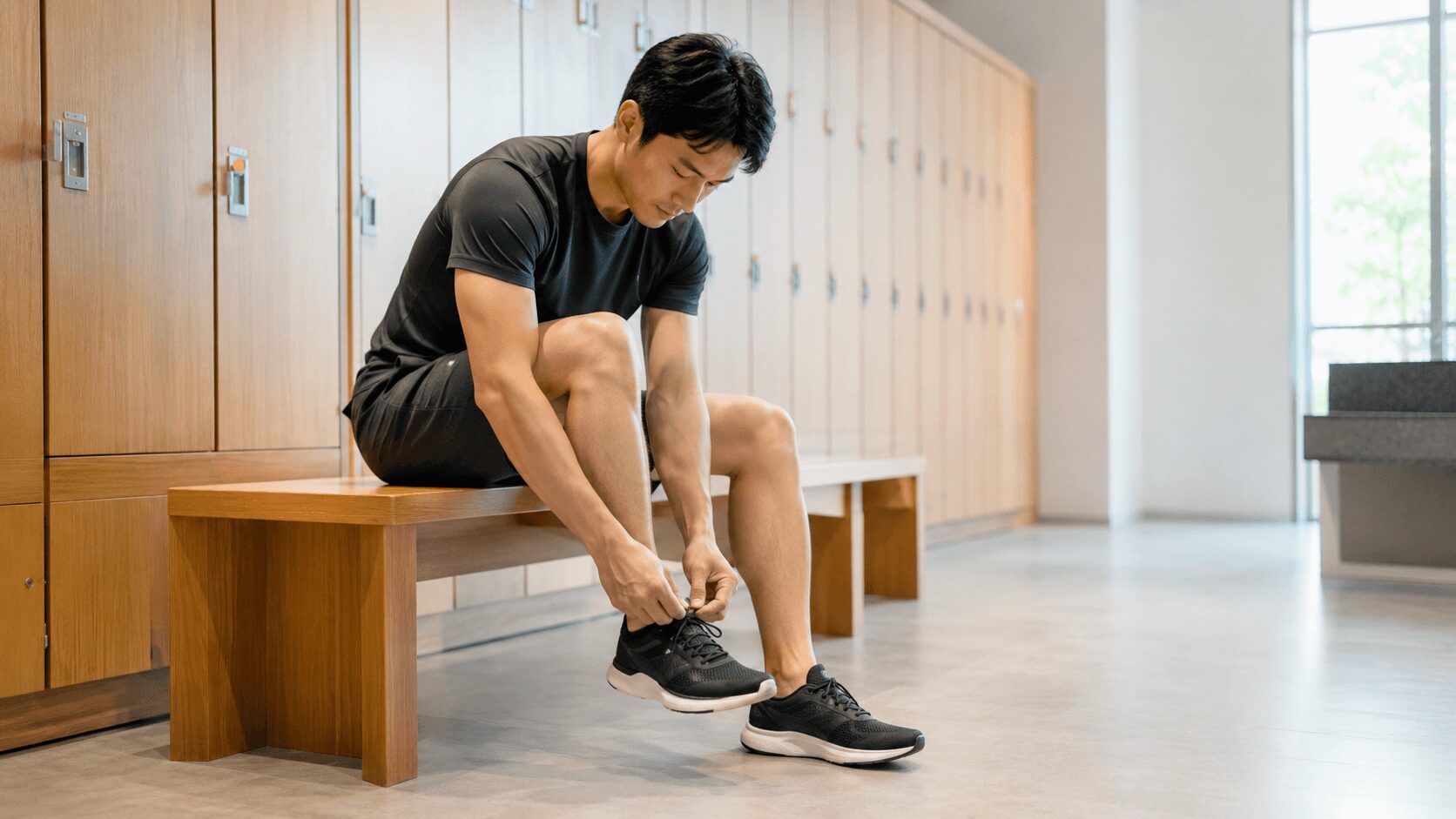 ジムのロッカー前でトレーニングシューズを履き替える初心者男性