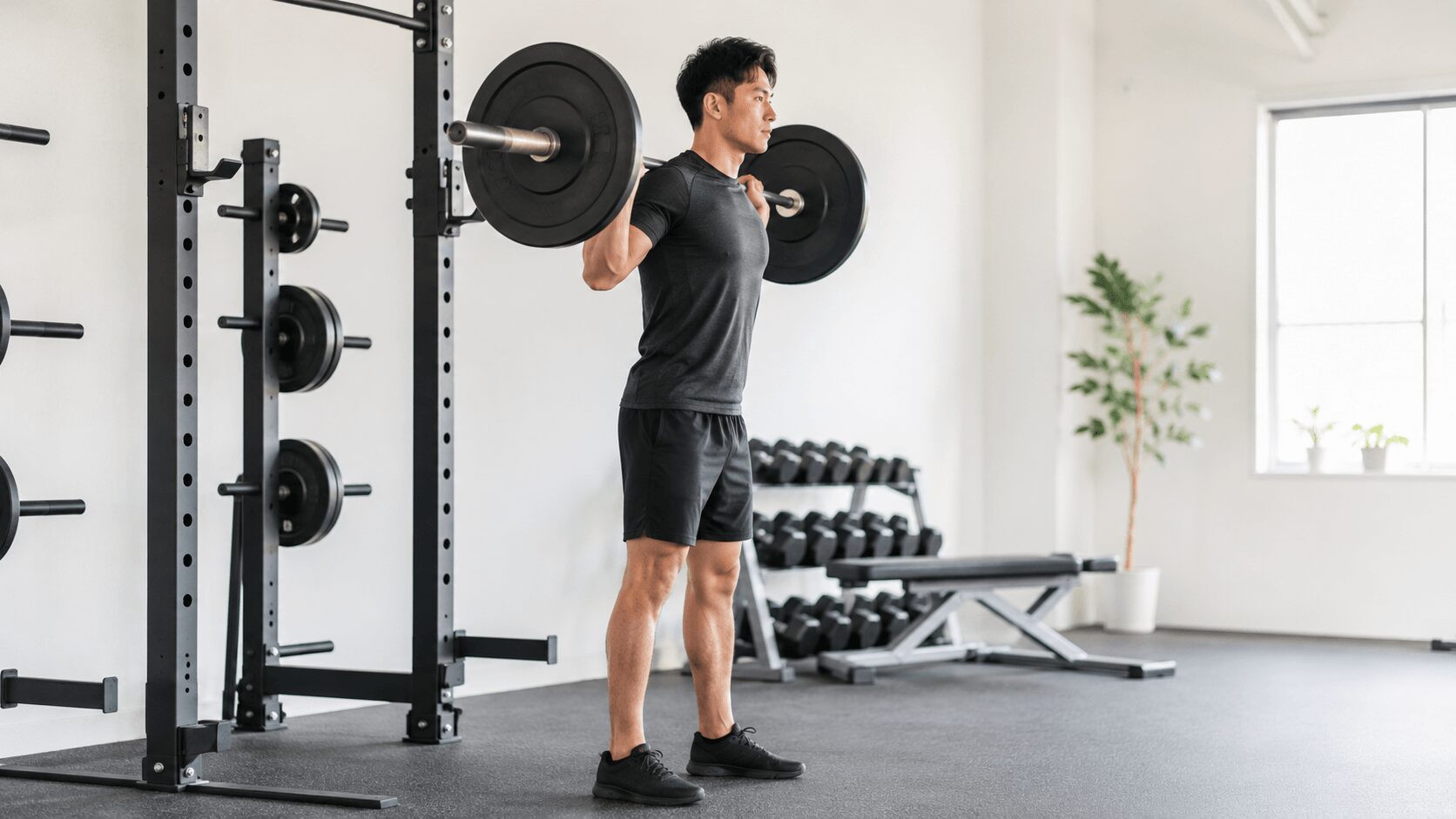 ジムでバーベルを担いでスクワットの構えに入る男性の全身