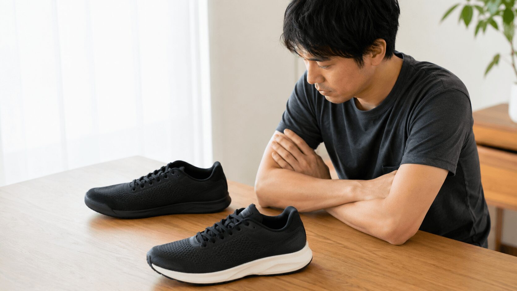 価格帯の違うトレーニングシューズを2足並べて検討するイメージ