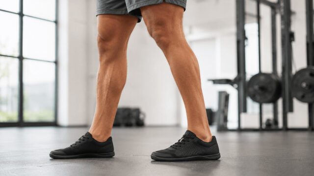 ジムで床を踏み締めるトレーニングシューズの足元と選び方を表すイメージ
