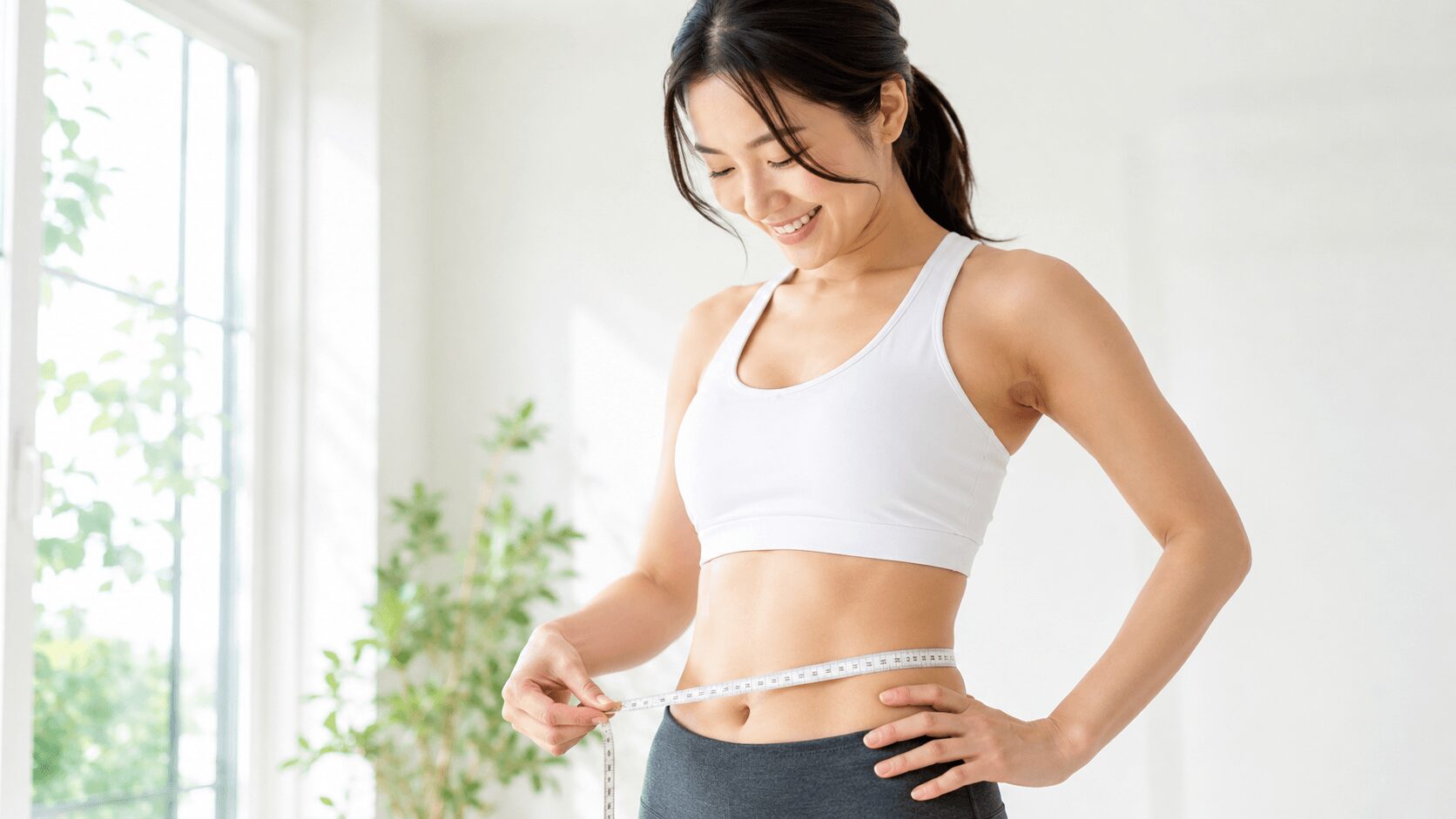 パーソナルトレーニングで効果が出始めた人がメジャーでウエストを測るイメージ