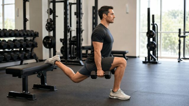 ダンベルを使ったブルガリアンスクワットで負荷を上げる初心者向けトレーニング