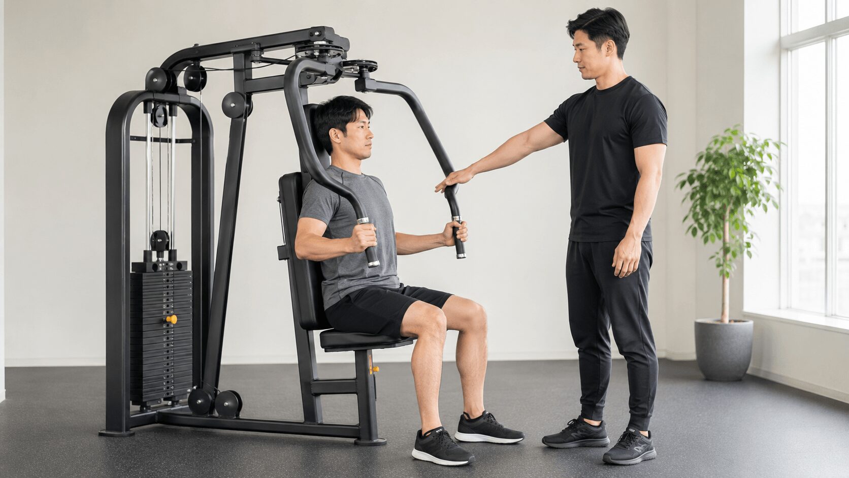 パーソナルトレーナーがチェストプレスのフォームを横から指導している様子