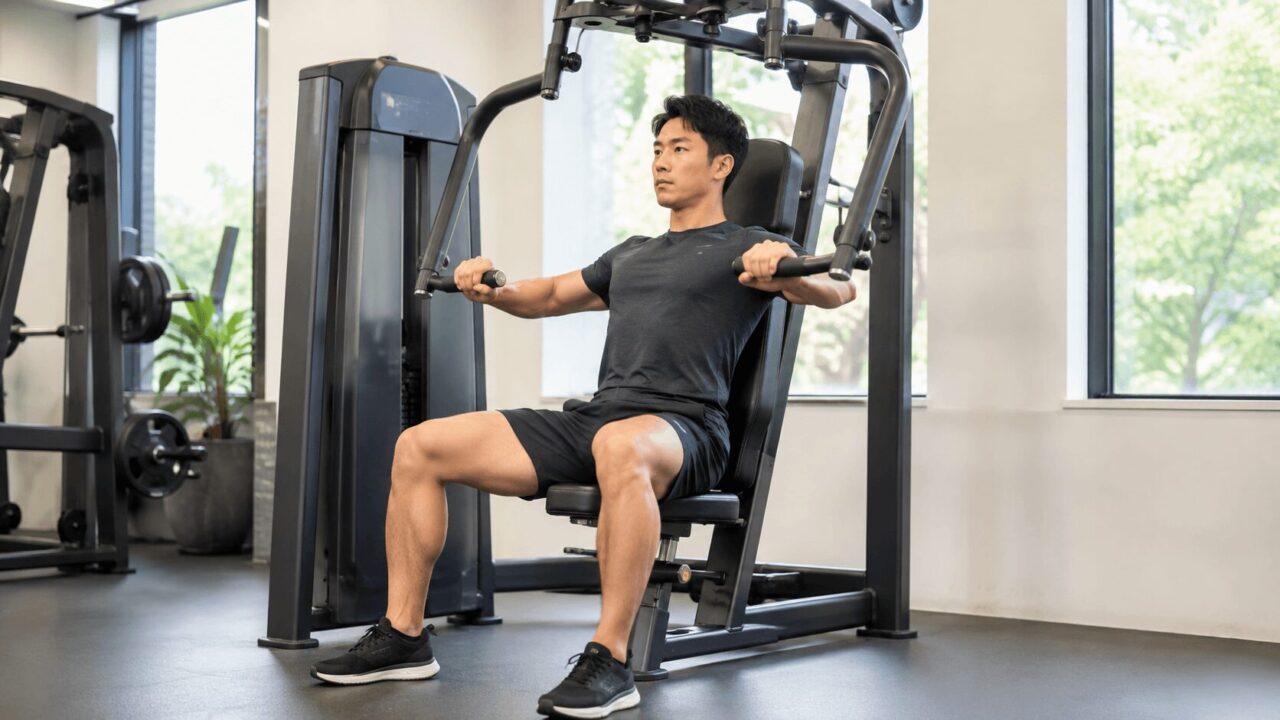 チェストプレスの正しいやり方を実践する初心者男性