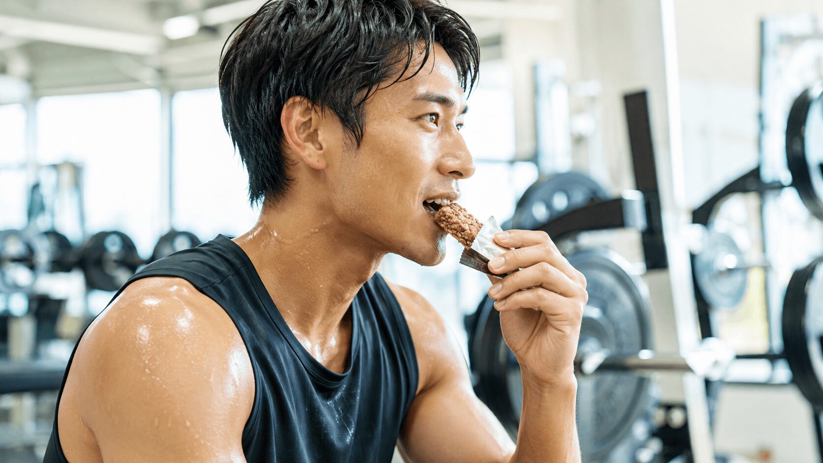 トレーニング後にプロテインバーを食べる男性