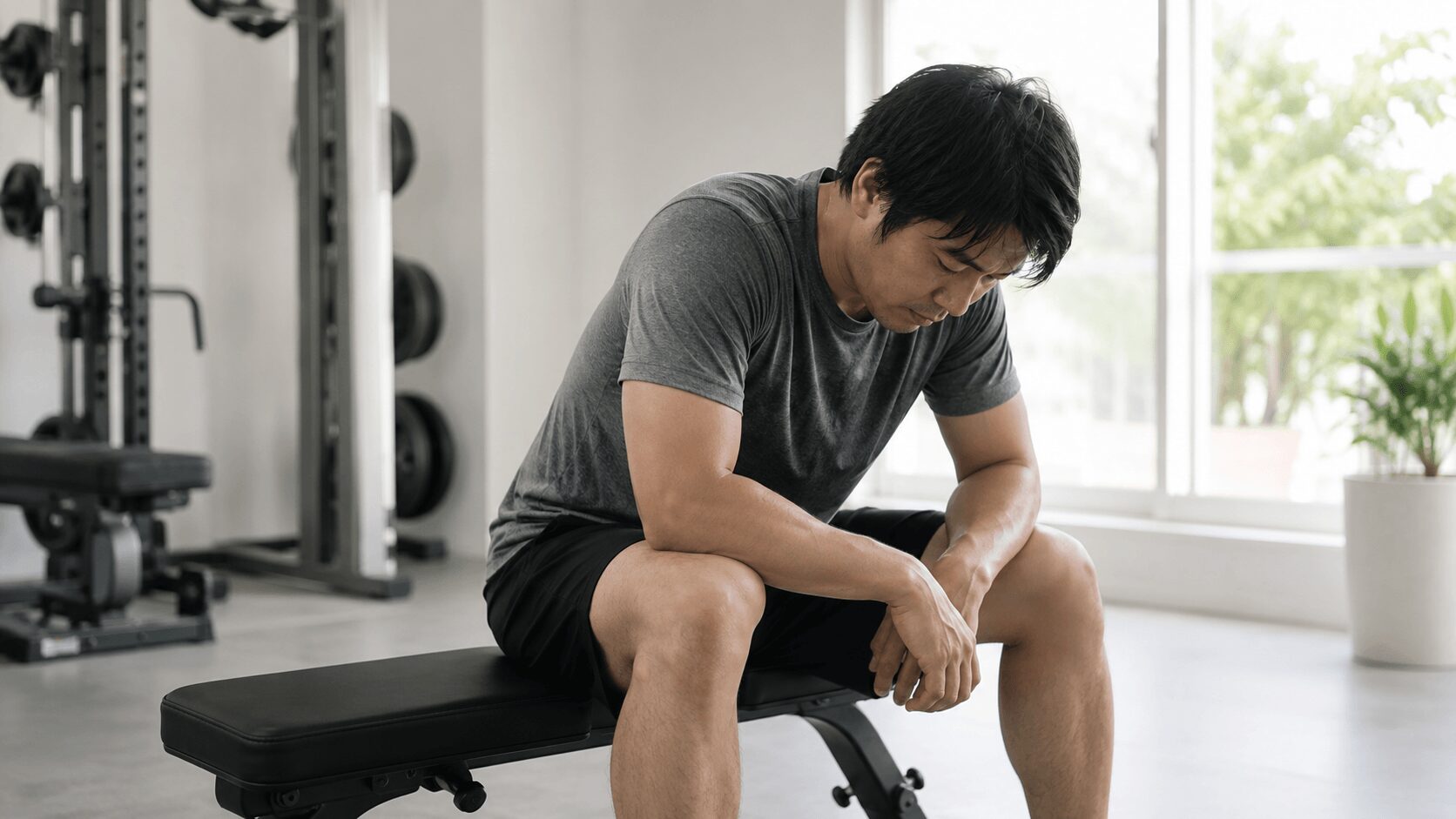 ジムでベンチに座り疲れた表情で休憩する30代男性、筋トレが楽しくないと感じる初心者のイメージ