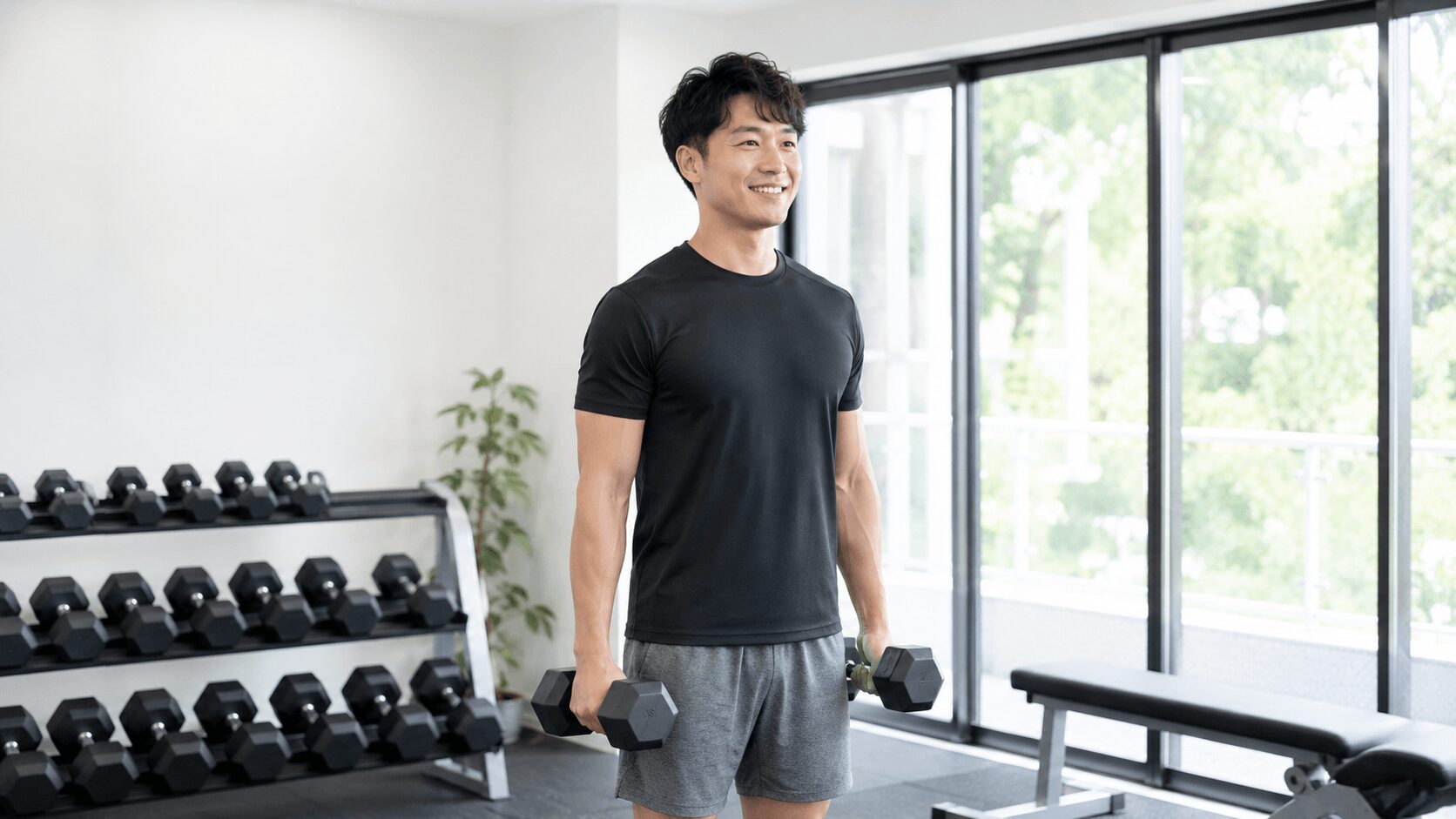 筋トレを楽しむコツを実践する初心者、明るいジムでダンベルを持ち笑顔でトレーニングする男性