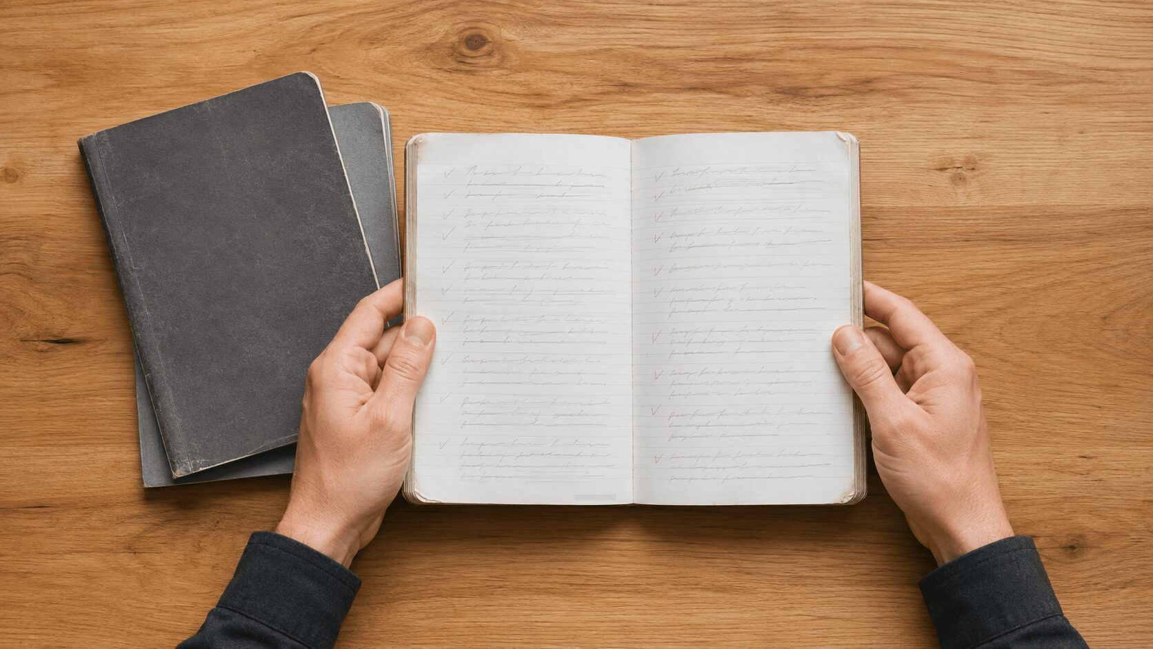 数ヶ月分の書き込みが積み上がったトレーニングノートを開いて見返す手元の俯瞰写真、筋トレの記録が蓄積していくイメージ