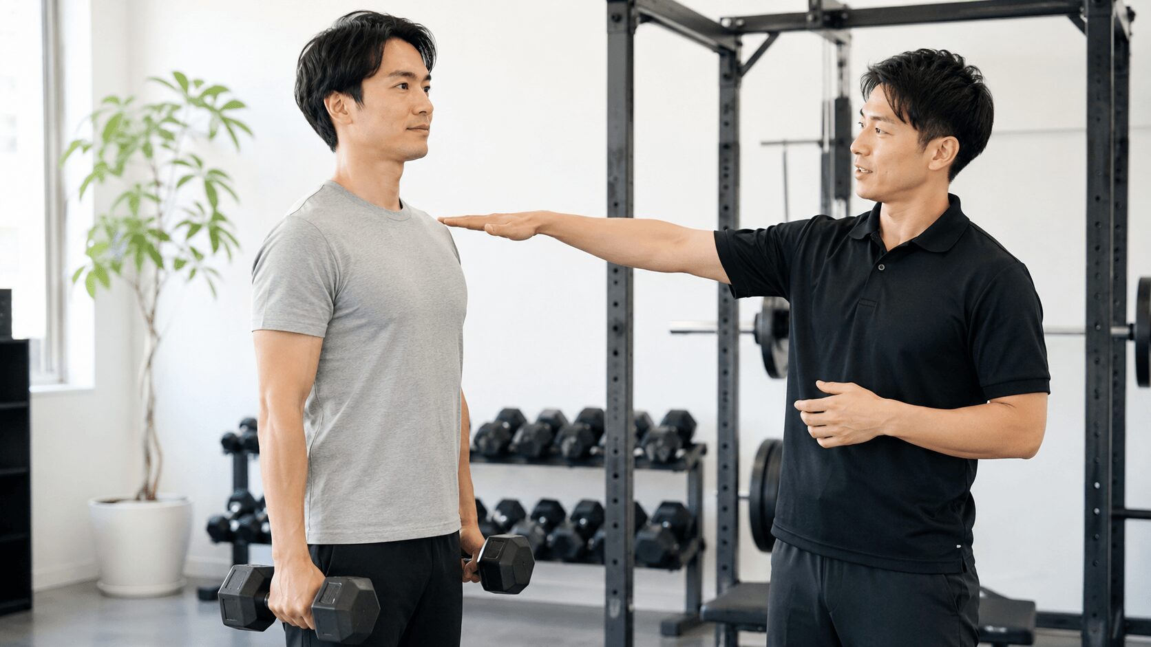 パーソナルトレーナーにフォームを見てもらいながらトレーニングする男性、環境を変えて筋トレを楽しむイメージ