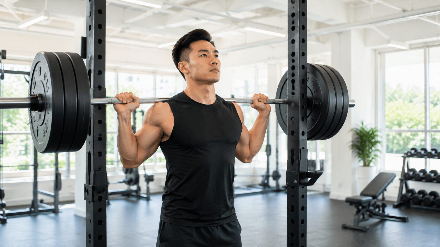 スクワットラックでバーベルを担いだトレーニング中の男性
