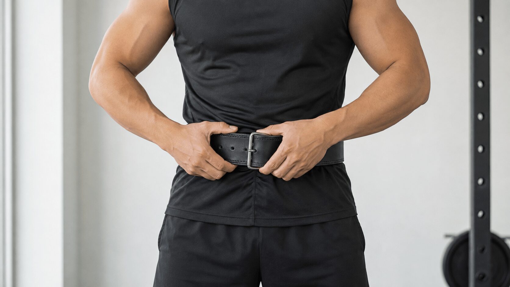 トレーニングベルトを腰に締めている様子