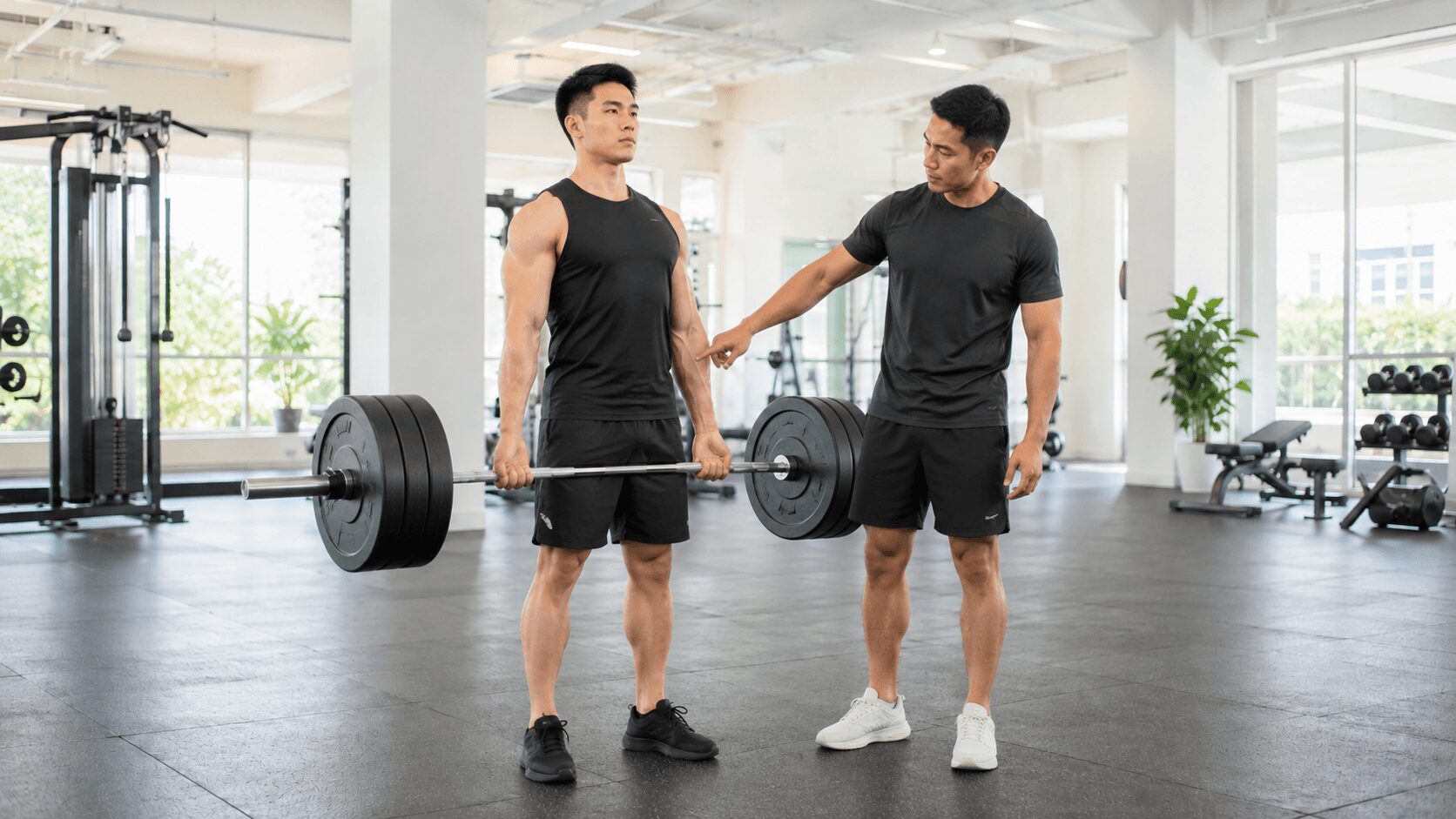 トレーナーにフォームを確認してもらいながらトレーニングする様子